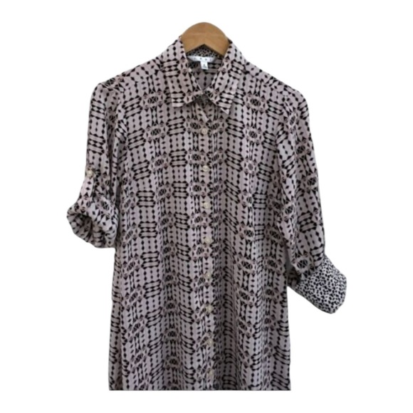 CAbi Pink Black Club Colony Geometric Shirt Dress size S Small Collar Button Up. - Picture 3 of 6